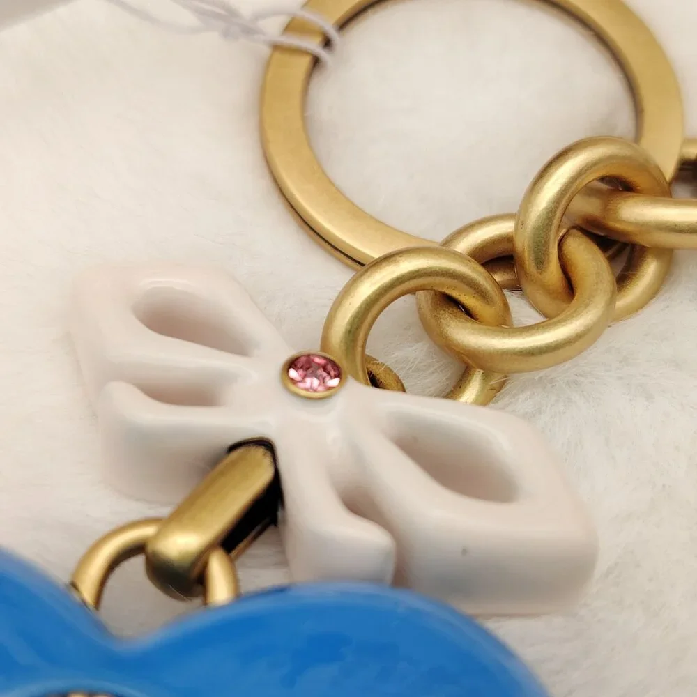 Coach Blue Heart Bag Charm Keychain with Pearl Flower and Pink Bow - Picture 4 of 7